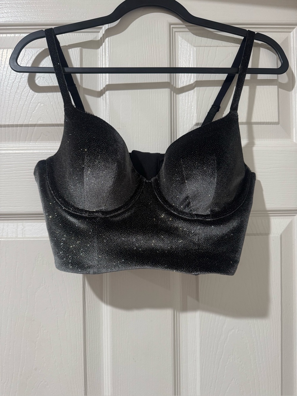 Victoriaโs Secret bustier/lined underwire Demi. Charcoal gray/black w/sparkles.